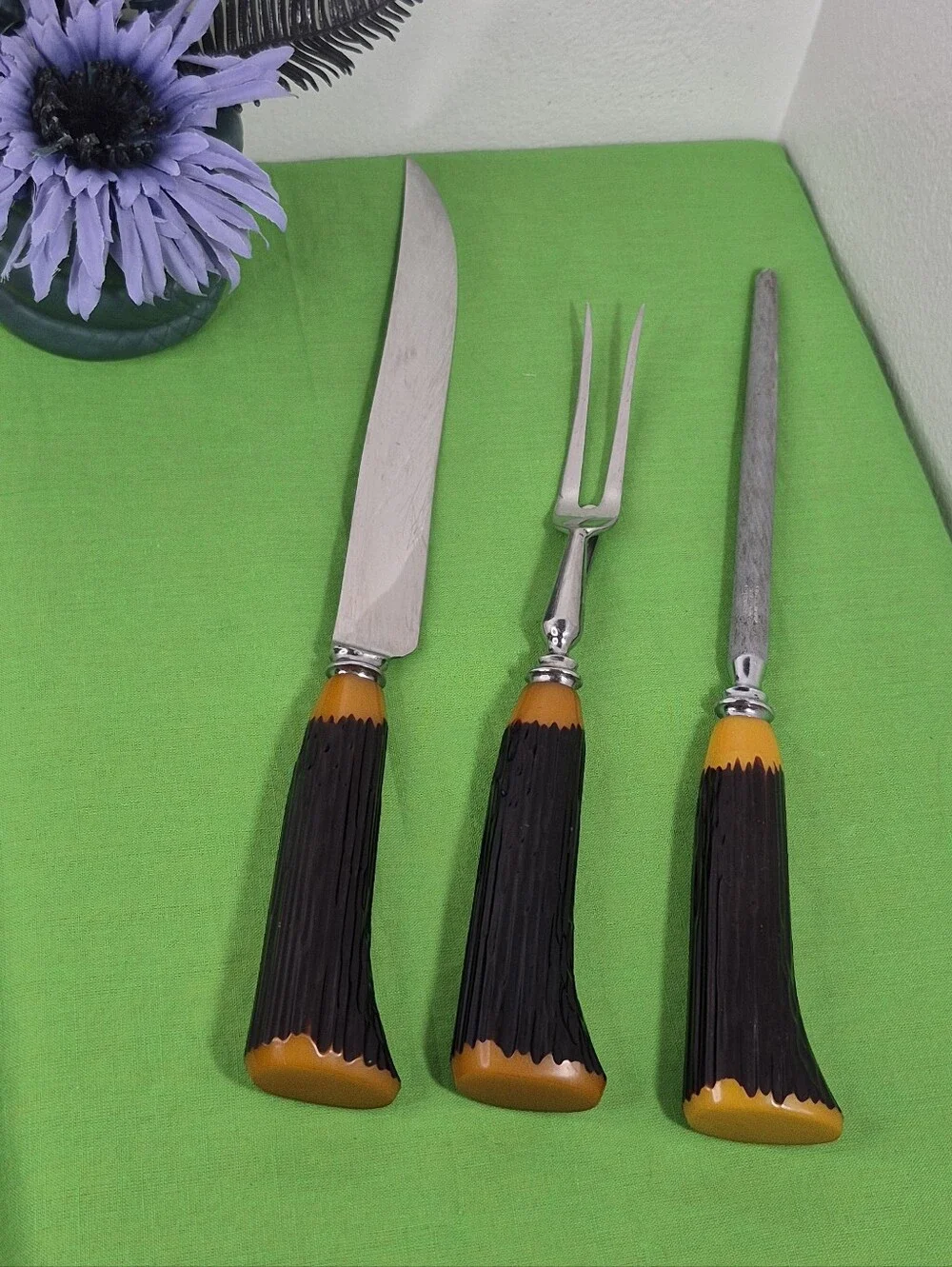 Vtg. B. Thomas & Co. MCM 3-Piece Bakelite Carving Knife Set Sheffield, England